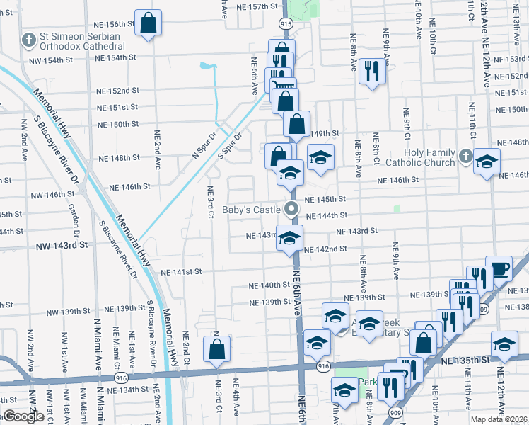 map of restaurants, bars, coffee shops, grocery stores, and more near 14429 Northeast 5th Place in Miami
