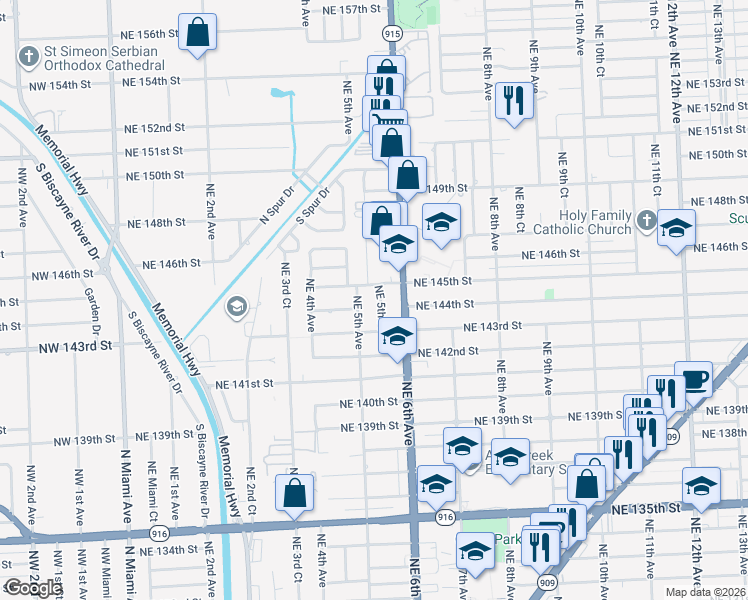 map of restaurants, bars, coffee shops, grocery stores, and more near 14429 Northeast 5th Place in Miami