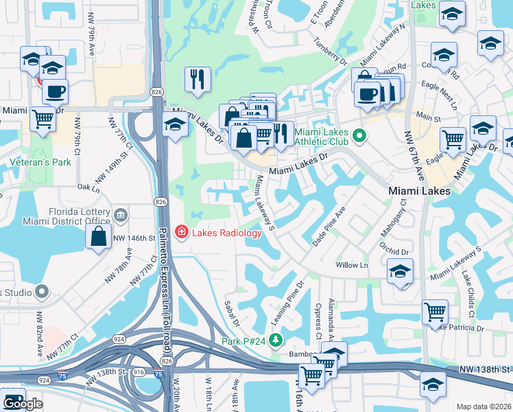 map of restaurants, bars, coffee shops, grocery stores, and more near 7330 Miami Lakeway in Miami Lakes
