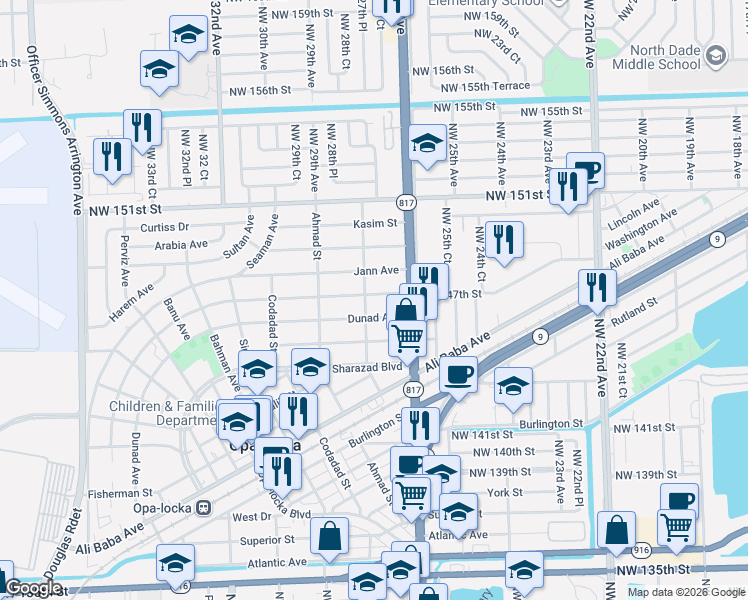 map of restaurants, bars, coffee shops, grocery stores, and more near 1316 Sharar Avenue in Opa-locka