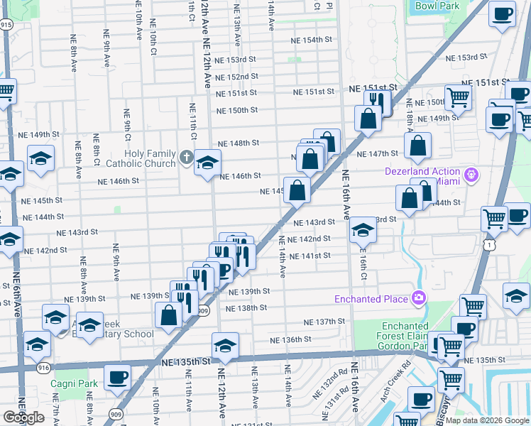 map of restaurants, bars, coffee shops, grocery stores, and more near 1362 Northeast 144th Street in Miami