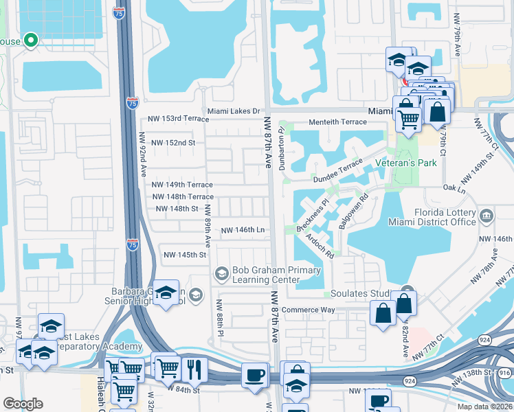 map of restaurants, bars, coffee shops, grocery stores, and more near 14812 Northwest 87th Court in Hialeah