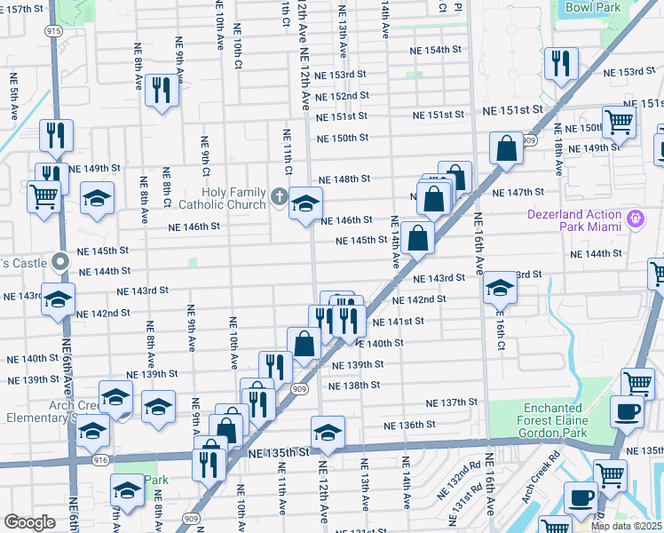 map of restaurants, bars, coffee shops, grocery stores, and more near 1200 Northeast 144th Street in North Miami