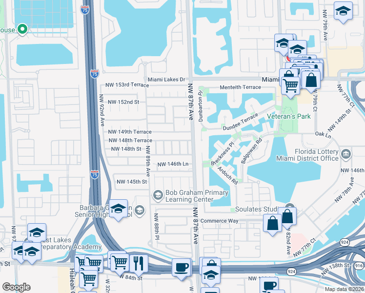map of restaurants, bars, coffee shops, grocery stores, and more near 14812 Northwest 87th Court in Hialeah