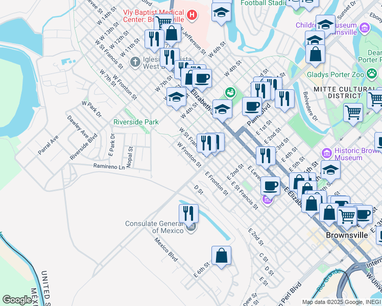 map of restaurants, bars, coffee shops, grocery stores, and more near 124 West Fronton Street in Brownsville
