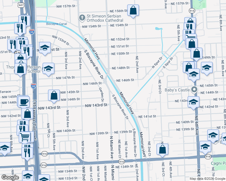 map of restaurants, bars, coffee shops, grocery stores, and more near 14441 South Biscayne River Drive in Miami