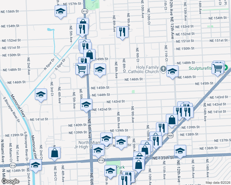 map of restaurants, bars, coffee shops, grocery stores, and more near 765 Northeast 144th Street in North Miami