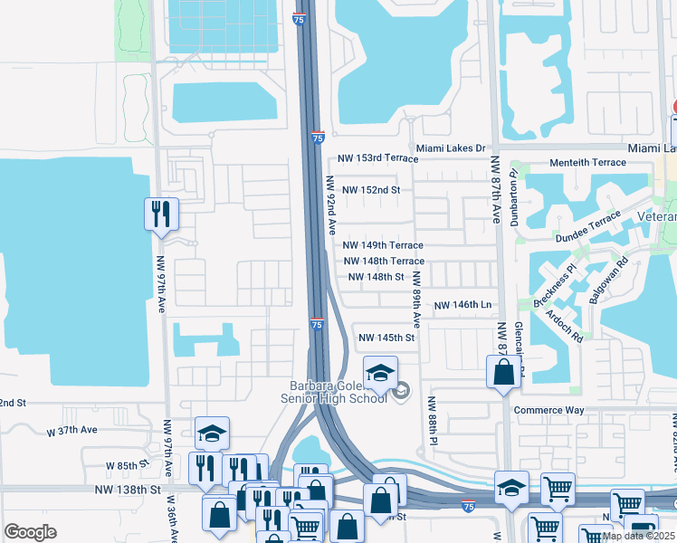 map of restaurants, bars, coffee shops, grocery stores, and more near 9181 Northwest 148th Street in Miami Lakes