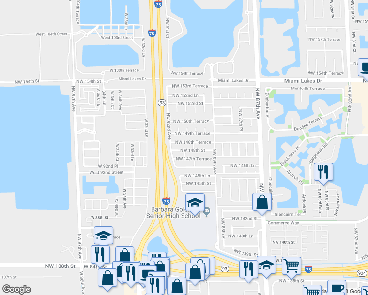 map of restaurants, bars, coffee shops, grocery stores, and more near 9081 Northwest 148th Street in Miami Lakes