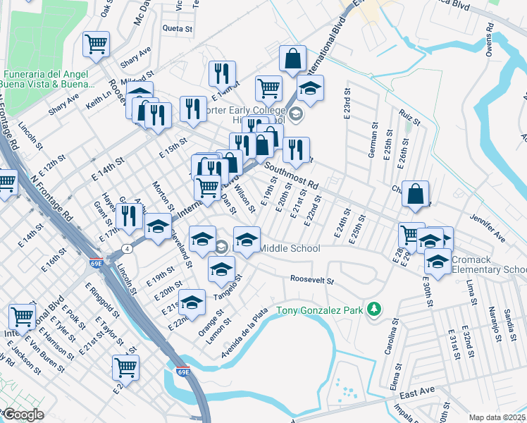 map of restaurants, bars, coffee shops, grocery stores, and more near 3038 East 19th Street in Brownsville