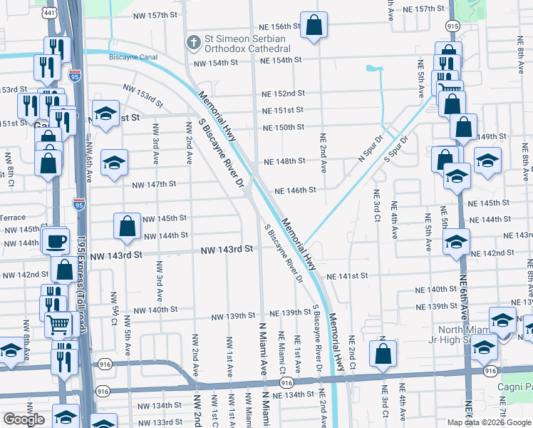 map of restaurants, bars, coffee shops, grocery stores, and more near 14441 South Biscayne River Drive in Miami