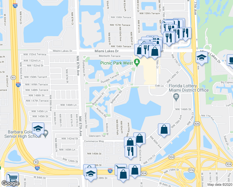map of restaurants, bars, coffee shops, grocery stores, and more near 14824 Balgowan Road in Miami Lakes