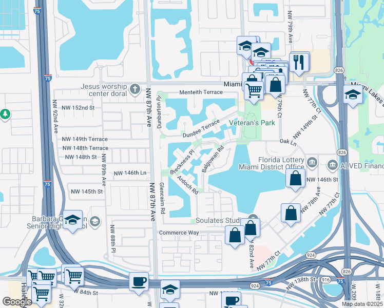 map of restaurants, bars, coffee shops, grocery stores, and more near 14835 Breckness Place in Hialeah