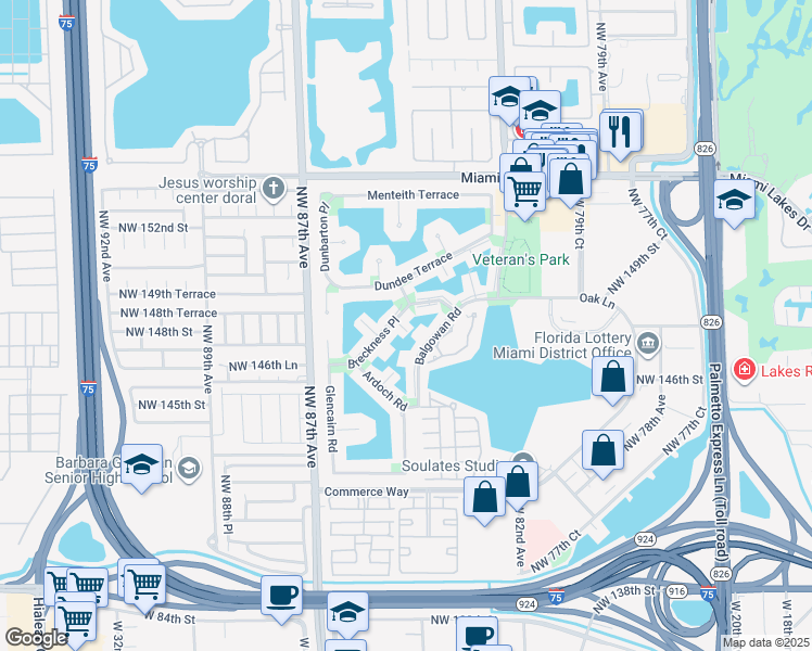 map of restaurants, bars, coffee shops, grocery stores, and more near 14835 Breckness Place in Hialeah