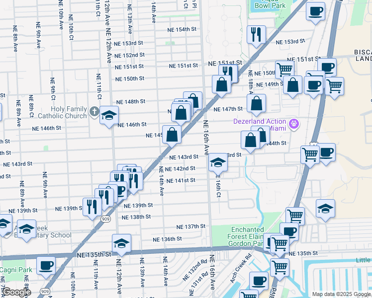 map of restaurants, bars, coffee shops, grocery stores, and more near 1500 Northeast 144th Street in Miami
