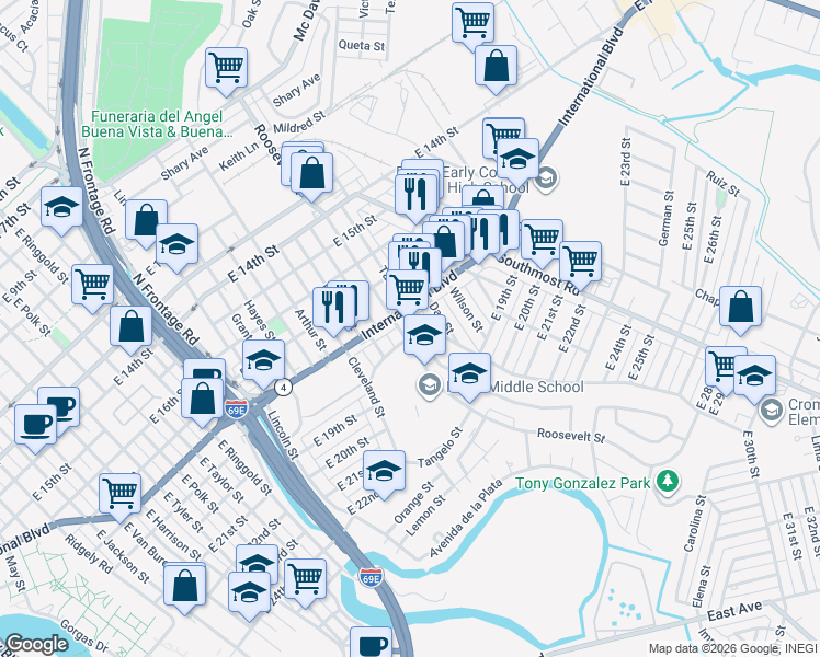 map of restaurants, bars, coffee shops, grocery stores, and more near 1800-1898 Taft Street in Brownsville