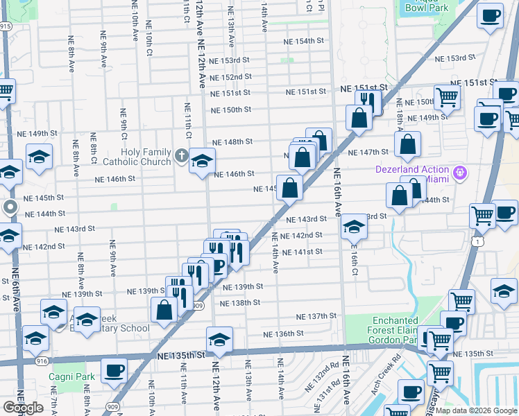 map of restaurants, bars, coffee shops, grocery stores, and more near 1362 Northeast 144th Street in Miami