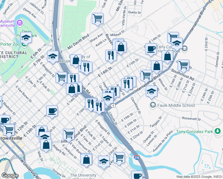 map of restaurants, bars, coffee shops, grocery stores, and more near 2198 East 16th Street in Brownsville