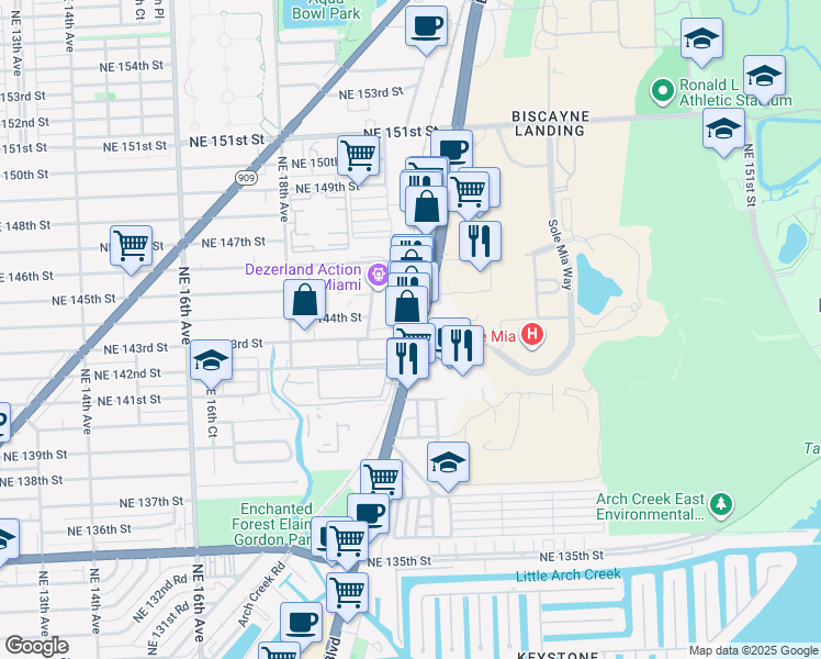 map of restaurants, bars, coffee shops, grocery stores, and more near 14316 Biscayne Boulevard in North Miami