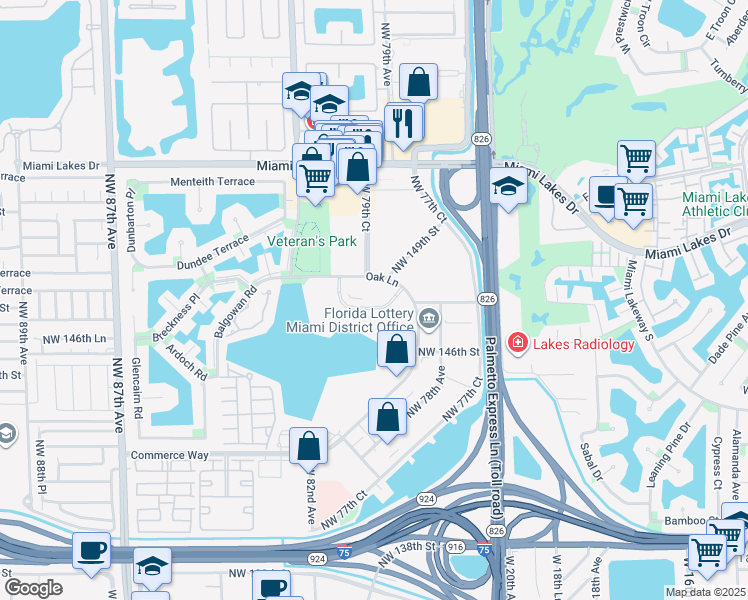 map of restaurants, bars, coffee shops, grocery stores, and more near 7900 Oak Lane in Miami Lakes