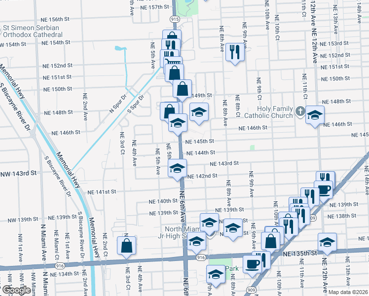 map of restaurants, bars, coffee shops, grocery stores, and more near 14425 Northeast 6th Avenue in North Miami
