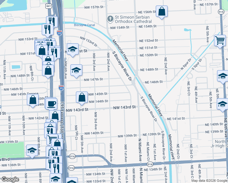map of restaurants, bars, coffee shops, grocery stores, and more near 14501 Northwest 2nd Avenue in Miami
