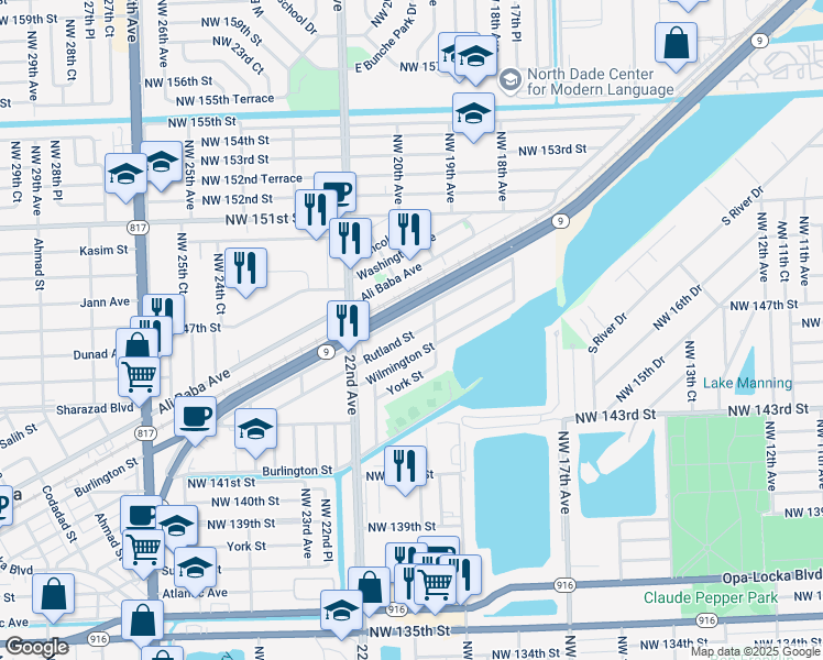 map of restaurants, bars, coffee shops, grocery stores, and more near 2061 Rutland Street in Opa-locka