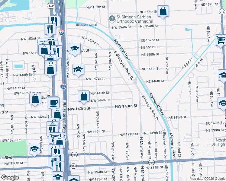 map of restaurants, bars, coffee shops, grocery stores, and more near 14501 Northwest 2nd Avenue in Miami