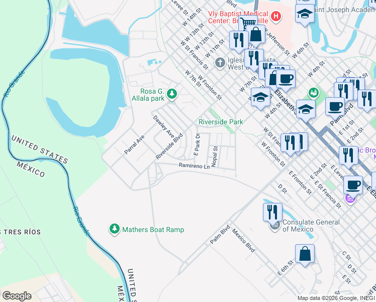 map of restaurants, bars, coffee shops, grocery stores, and more near 115 East Broadway Street in Brownsville