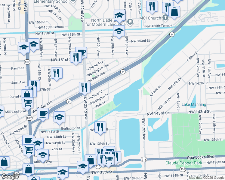 map of restaurants, bars, coffee shops, grocery stores, and more near 1961 Wilmington Street in Opa-locka