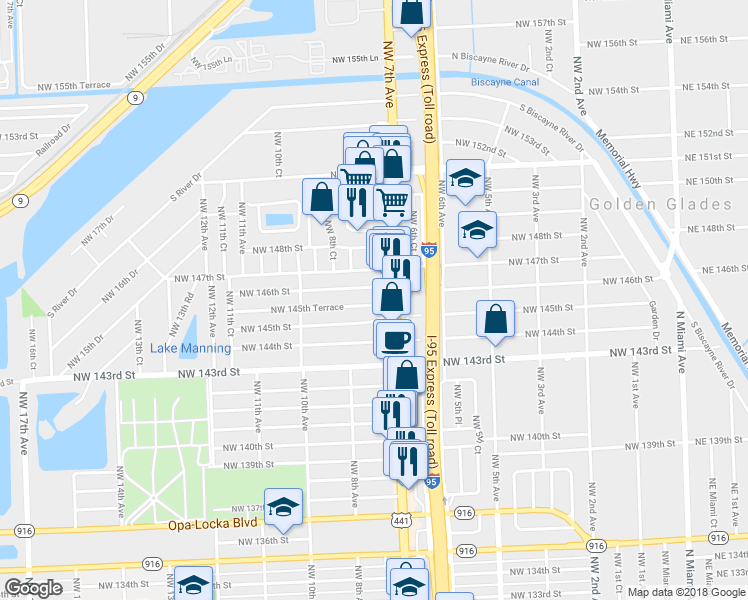 map of restaurants, bars, coffee shops, grocery stores, and more near 739 Northwest 145th Terrace in Miami