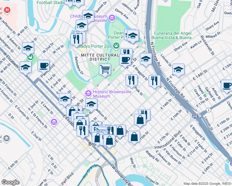 map of restaurants, bars, coffee shops, grocery stores, and more near 854 East Harrison Street in Brownsville