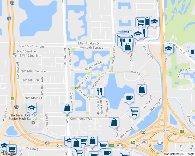 map of restaurants, bars, coffee shops, grocery stores, and more near 14824 Balgowan Road in Miami Lakes