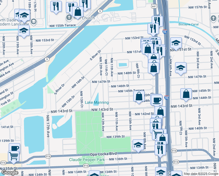map of restaurants, bars, coffee shops, grocery stores, and more near 14591 Northwest 11th Court in Miami