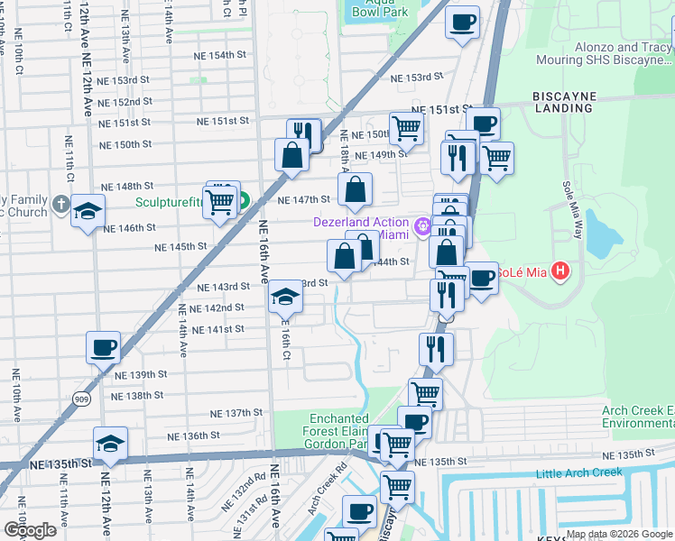 map of restaurants, bars, coffee shops, grocery stores, and more near 14300 Northeast 18th Avenue in North Miami