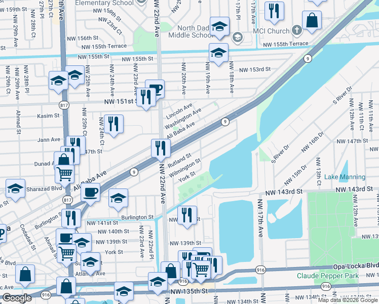map of restaurants, bars, coffee shops, grocery stores, and more near 2061 Rutland Street in Opa-locka