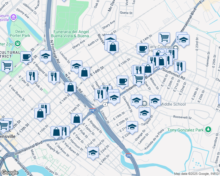 map of restaurants, bars, coffee shops, grocery stores, and more near 1654 Arthur Street in Brownsville