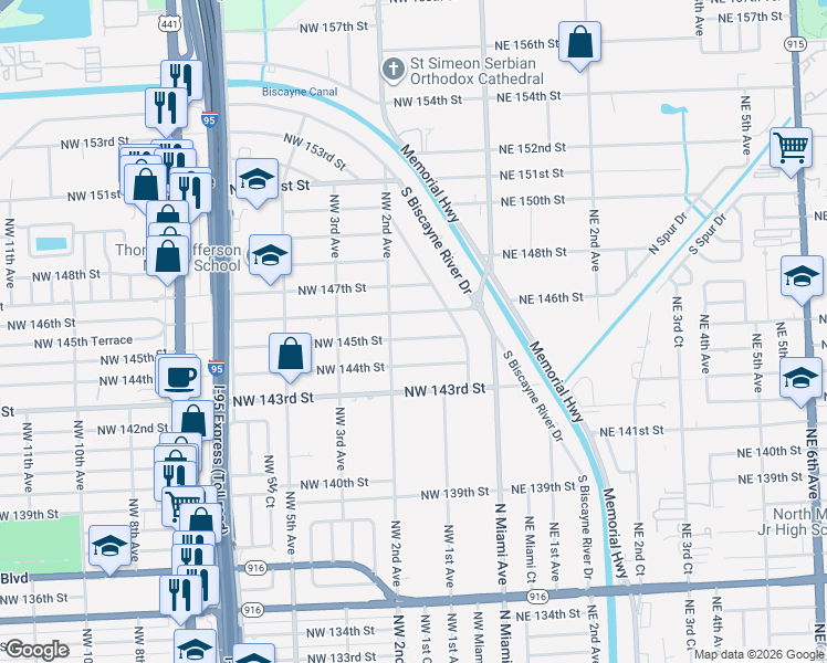 map of restaurants, bars, coffee shops, grocery stores, and more near 117 Northwest 145th Street in Miami