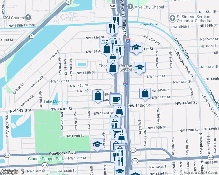 map of restaurants, bars, coffee shops, grocery stores, and more near 739 Northwest 145th Terrace in Miami