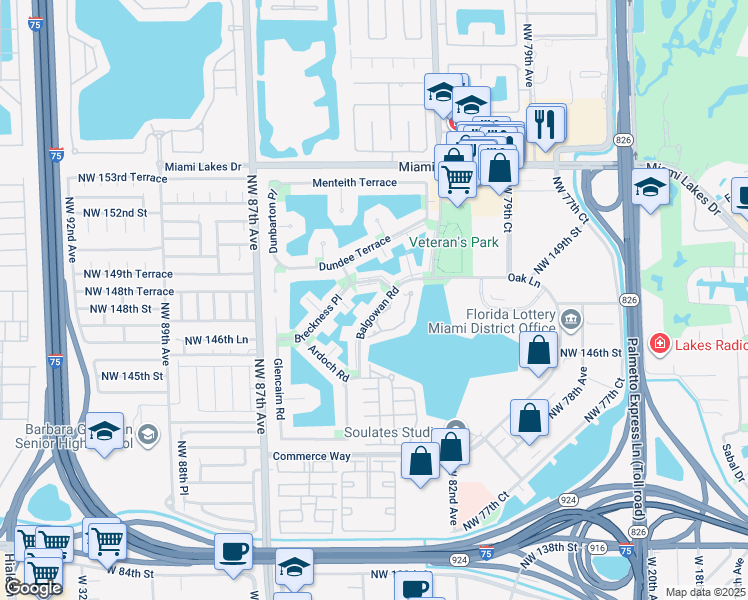 map of restaurants, bars, coffee shops, grocery stores, and more near 14824 Balgowan Road in Miami Lakes