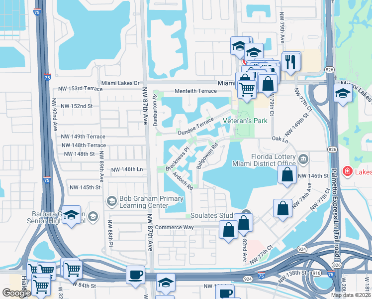 map of restaurants, bars, coffee shops, grocery stores, and more near 14835 Breckness Place in Hialeah