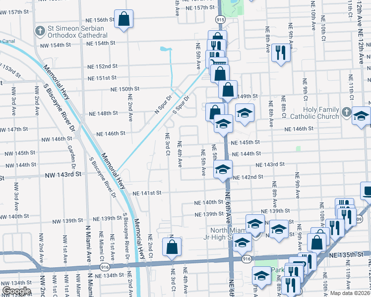 map of restaurants, bars, coffee shops, grocery stores, and more near 14430 Northeast 4th Avenue in Miami