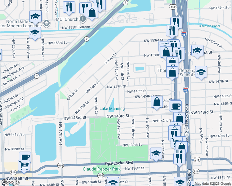 map of restaurants, bars, coffee shops, grocery stores, and more near 14600 Northwest 12th Avenue in Miami