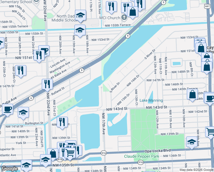 map of restaurants, bars, coffee shops, grocery stores, and more near 14600 South River Drive in Miami