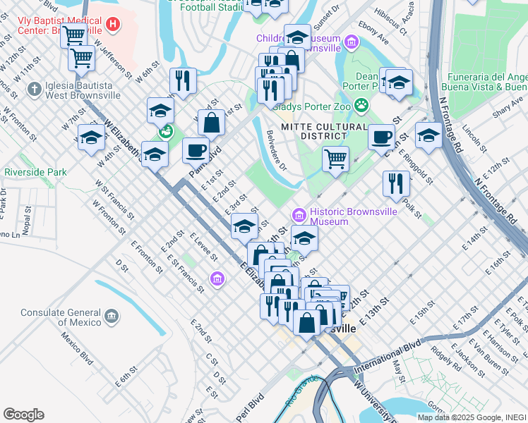 map of restaurants, bars, coffee shops, grocery stores, and more near 433 East Jefferson Street in Brownsville