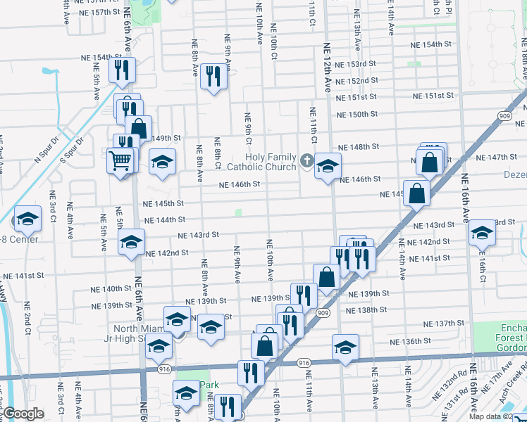 map of restaurants, bars, coffee shops, grocery stores, and more near 995 Northeast 144th Street in North Miami