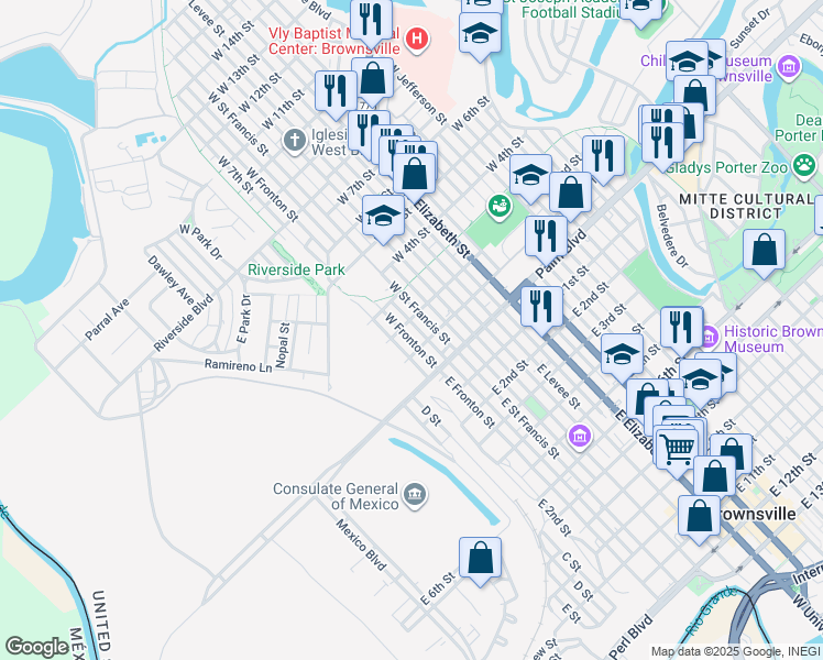 map of restaurants, bars, coffee shops, grocery stores, and more near 124 West Fronton Street in Brownsville