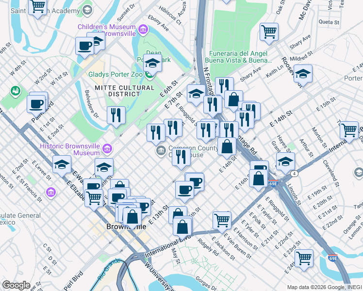 map of restaurants, bars, coffee shops, grocery stores, and more near 1026 East Polk Street in Brownsville