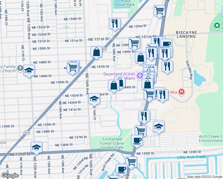 map of restaurants, bars, coffee shops, grocery stores, and more near 14300 Northeast 18th Avenue in North Miami