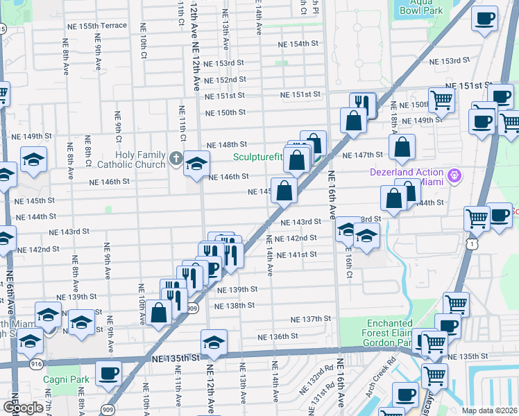 map of restaurants, bars, coffee shops, grocery stores, and more near 1362 Northeast 144th Street in Miami
